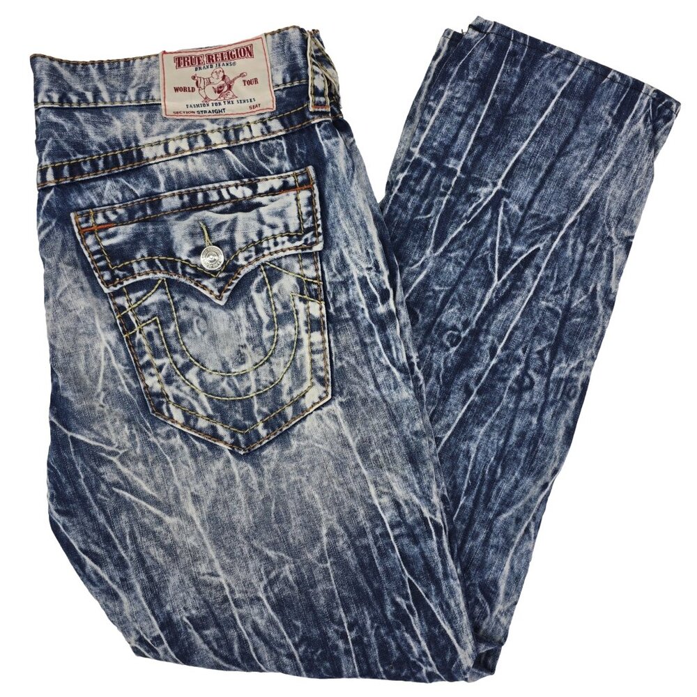 True Religion Straight Leg Jeans Mens 38 Blue Acid Wash Flap Pocket Y2K Denim
